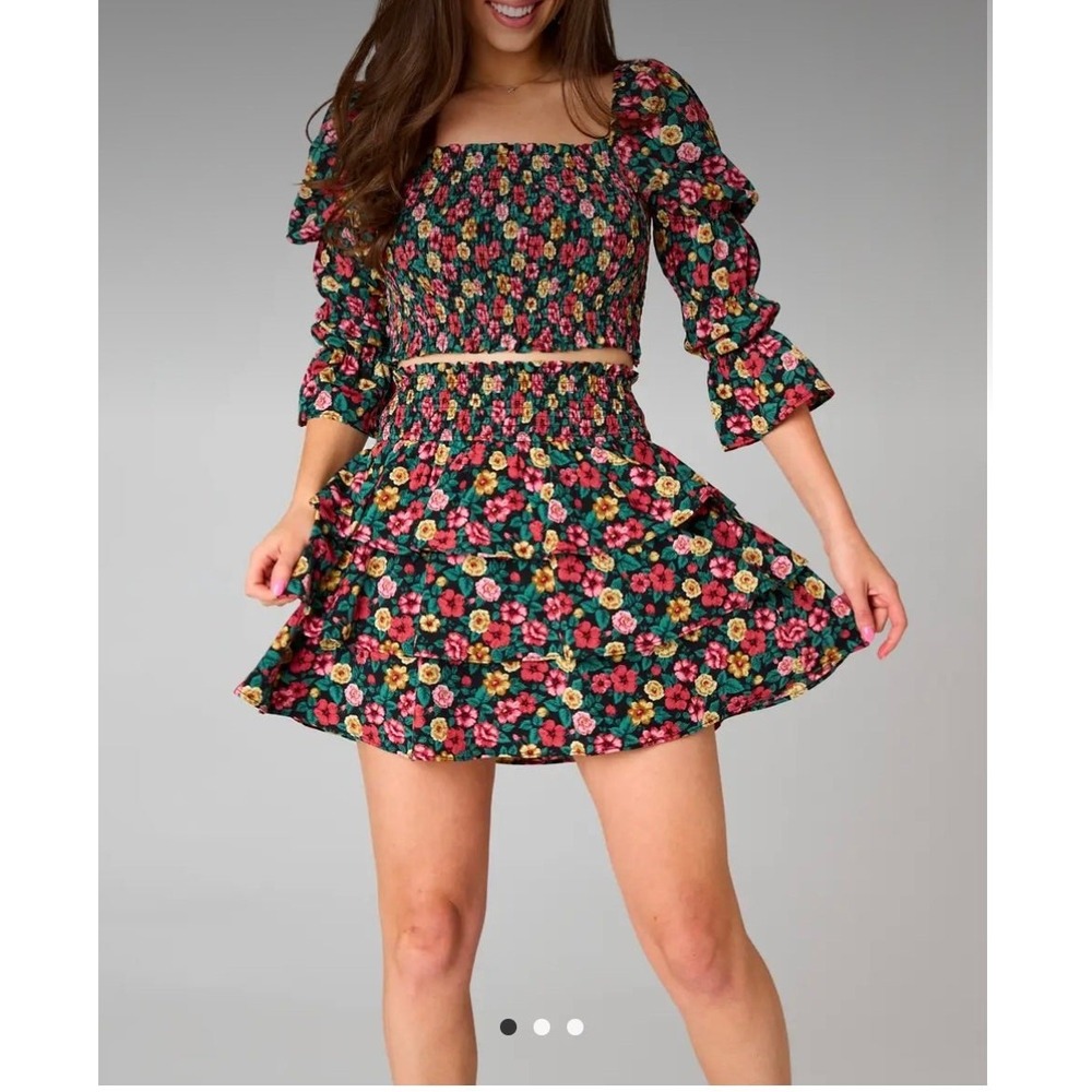 Floral Smocked Two Piece Set Crop Top Tiered Mini Skirt Pink S-L available